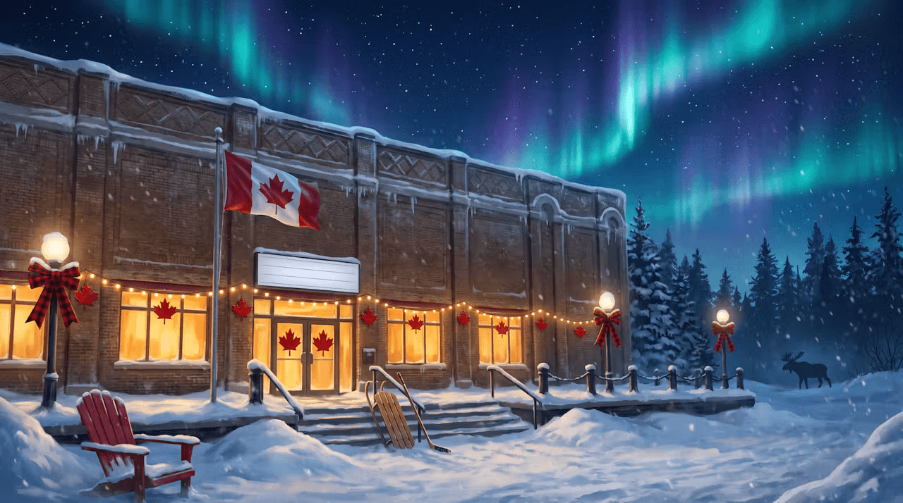 Parkdale Hall on a snowy winter night, its windows glowing, with a Canadian flag and wreaths by the door.
